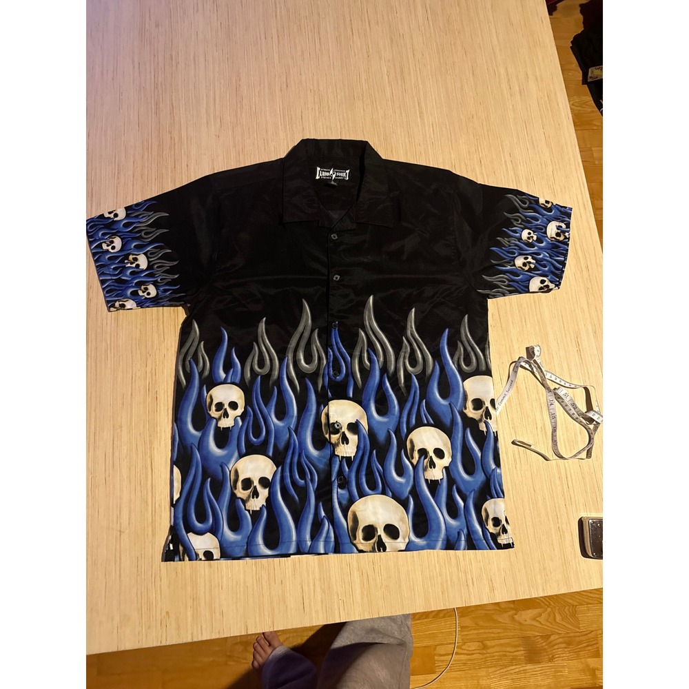 Steve & Barry's Club Shirt Mens Large Black Blue Flame Skull Graphic Button
31